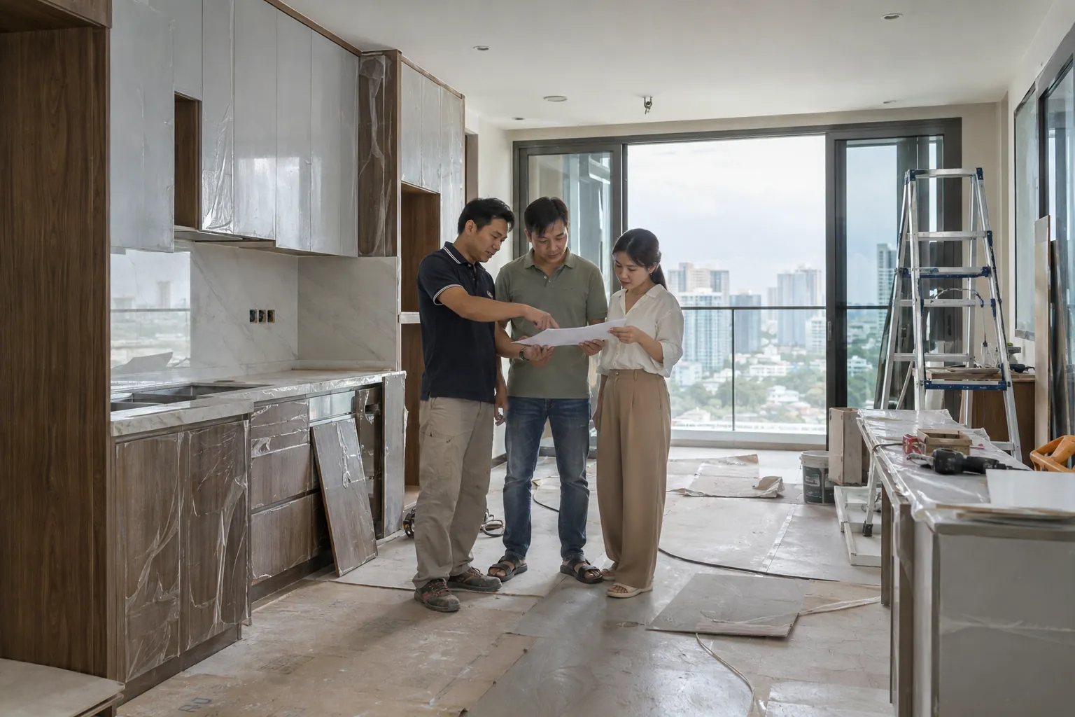 Nhà thầu nội thất cùng chủ nhà kiểm tra căn hộ khi nghiệm thu
