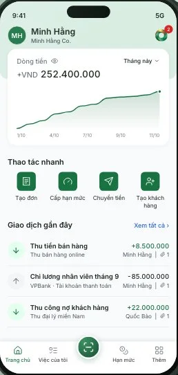 Màn hình trang chủ ứng dụng FinanOne: dòng tiền tháng, thao tác nhanh và giao dịch gần đây