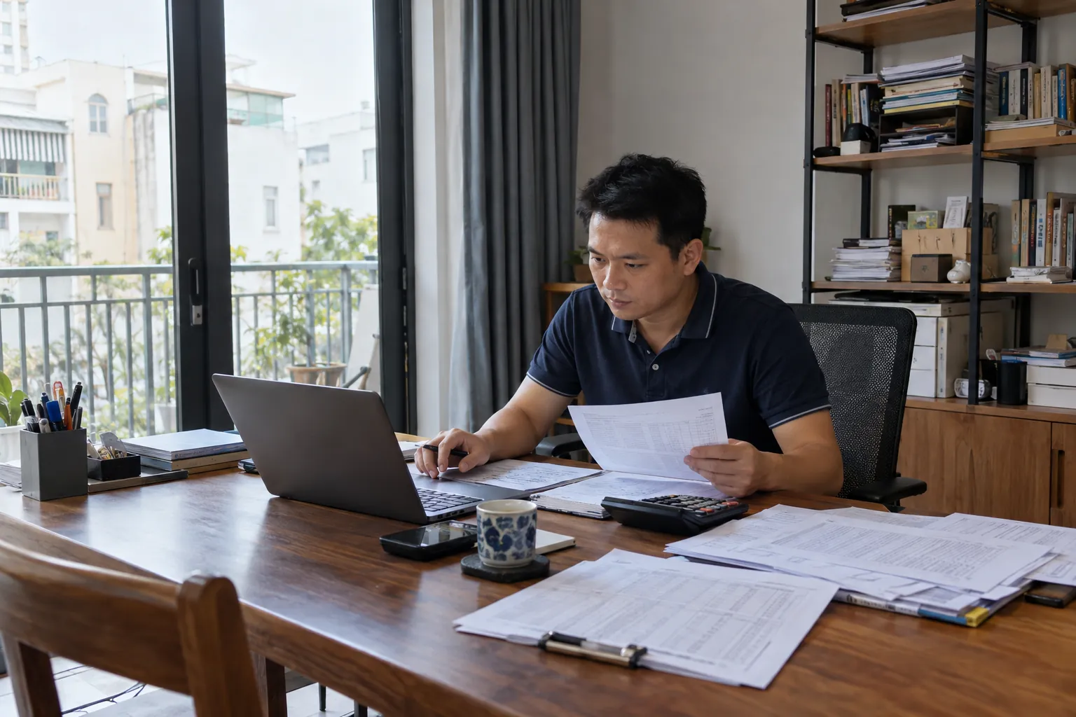 Chủ doanh nghiệp xem bảng tính in và số liệu trên máy tính