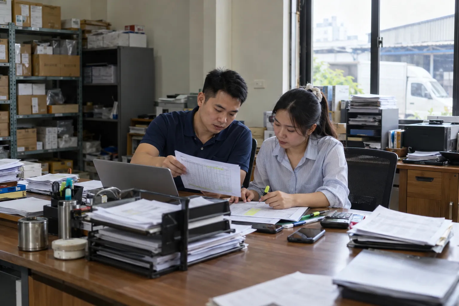 Hai nhân viên so sánh hai bảng tính có số liệu khác nhau