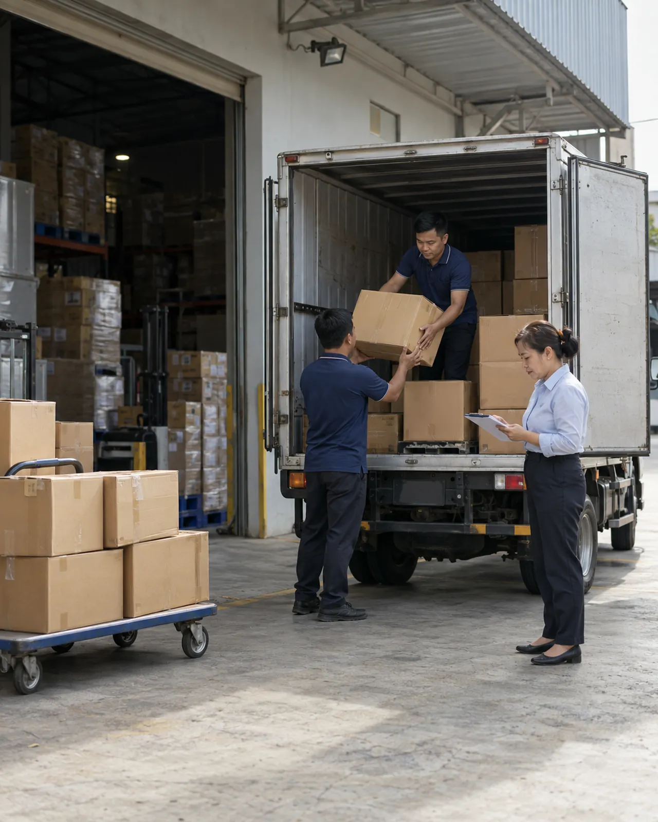 Nhân viên xếp thùng hàng lên xe giao, chủ nhà phân phối kiểm phiếu giao bên cạnh