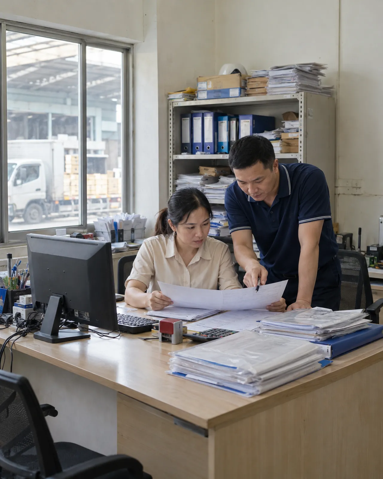 Kế toán và trưởng nhóm kinh doanh đối chiếu danh sách công nợ