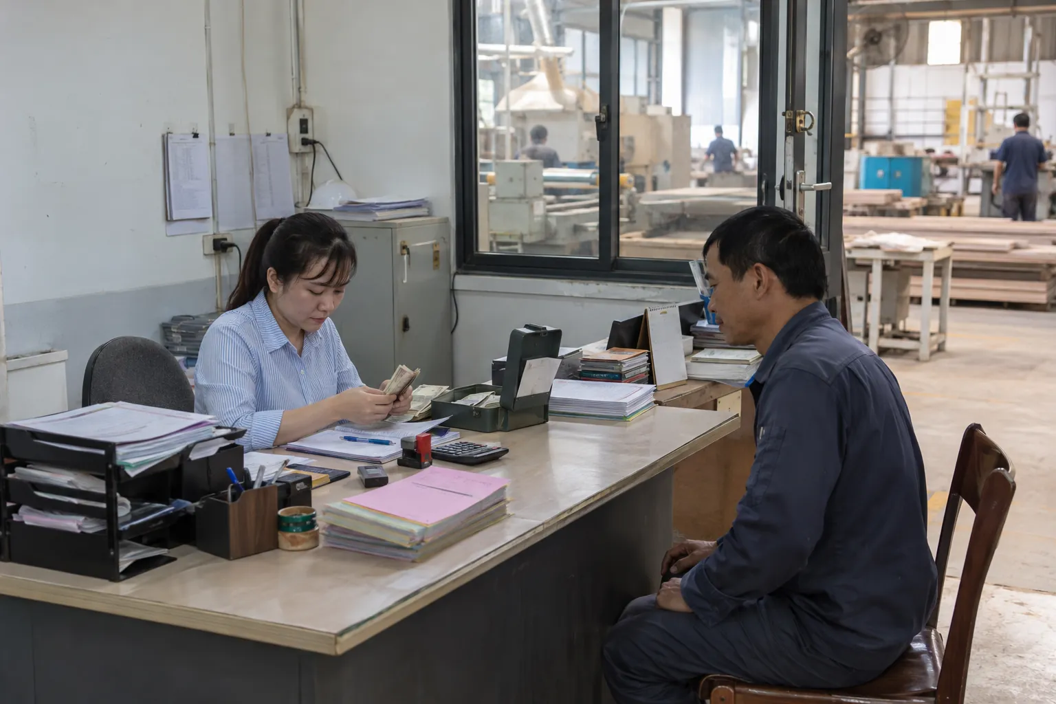 Thủ quỹ đếm tiền và lập phiếu chi tại công ty sản xuất
