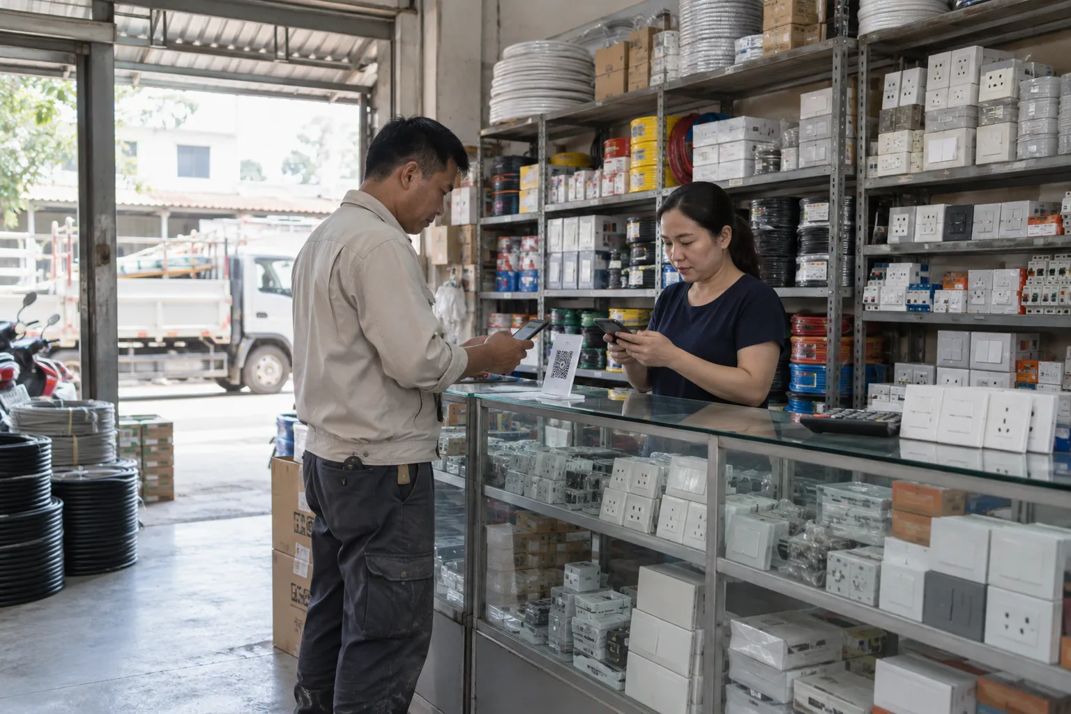 Khách hàng quét mã QR thanh toán tại quầy cửa hàng điện nước