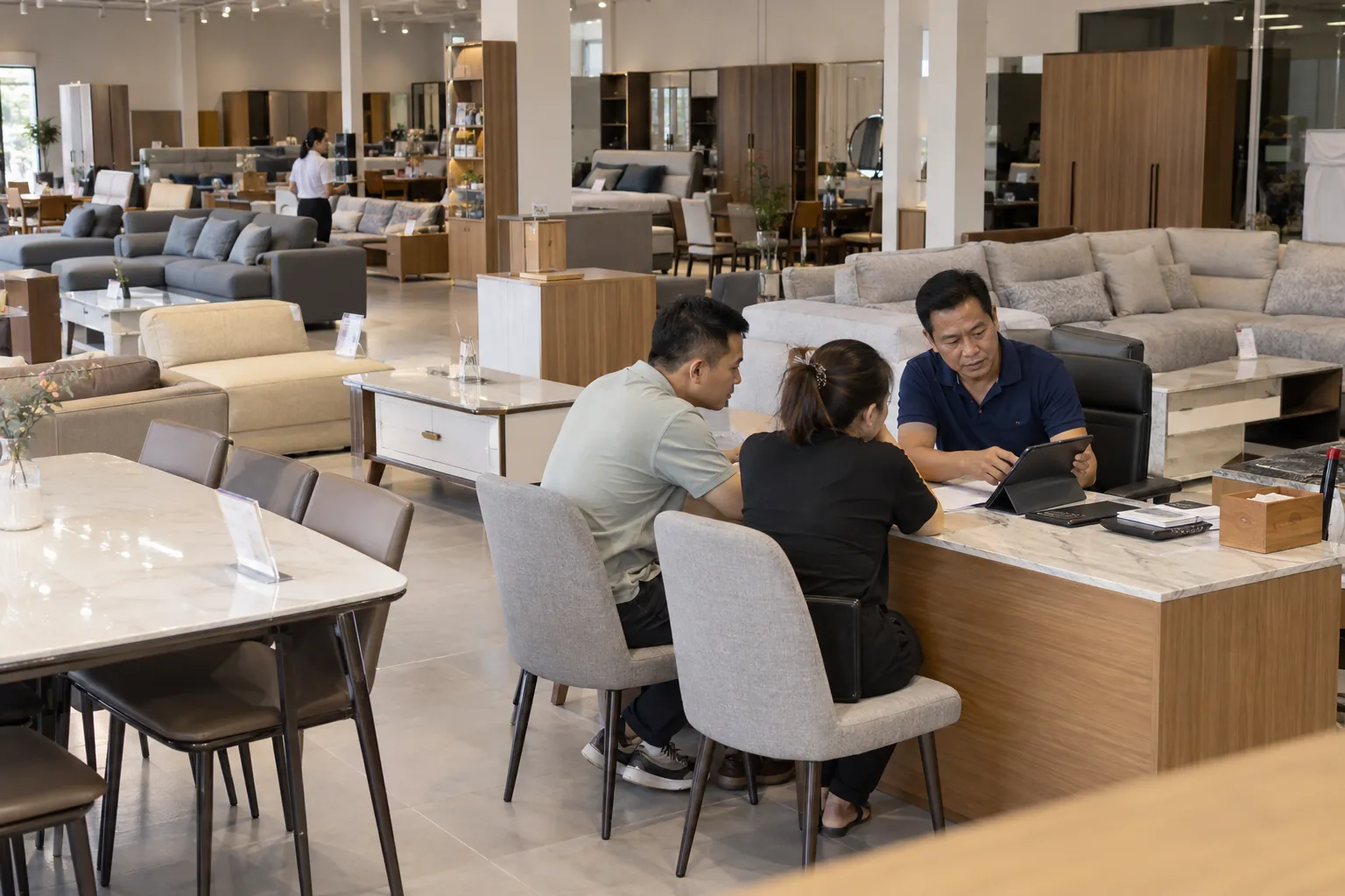 Chủ showroom nội thất và nhân viên xem đơn hàng trên máy tính bảng
