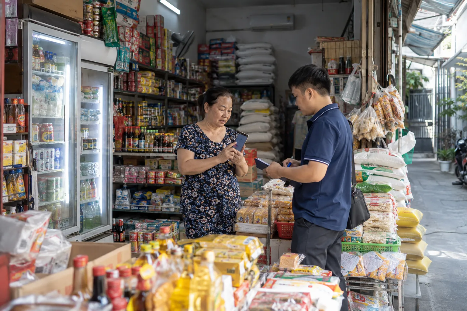 Nhân viên kinh doanh trao đổi với chủ tạp hoá tại quầy