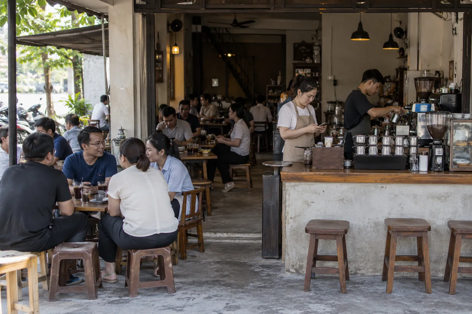 Chủ quán cà phê và nhân viên trong cửa hàng