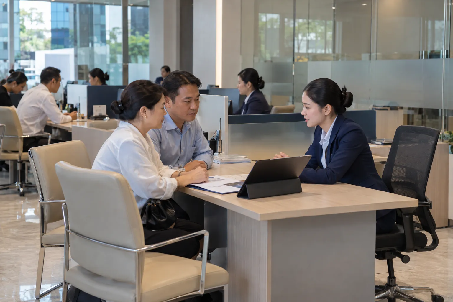 Chuyên viên ngân hàng trao đổi về ưu đãi với chủ doanh nghiệp