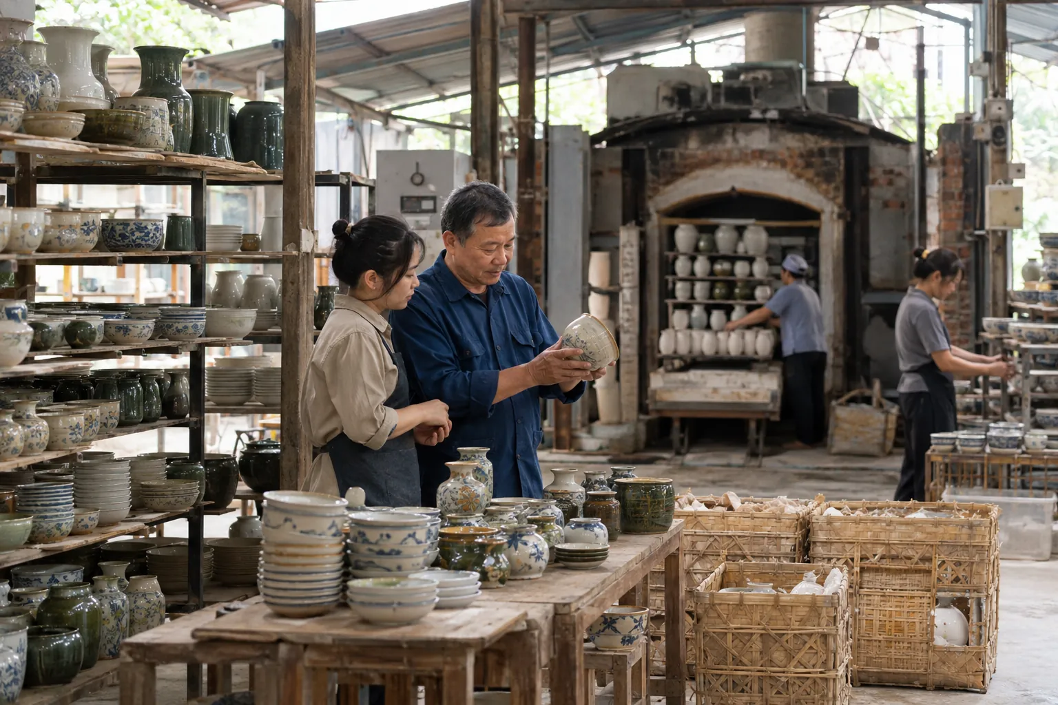 Chủ xưởng gốm kiểm hàng thành phẩm cùng nhân viên
