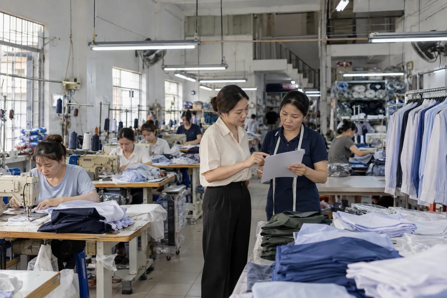 Chủ xưởng may trao đổi với quản lý sản xuất giữa xưởng