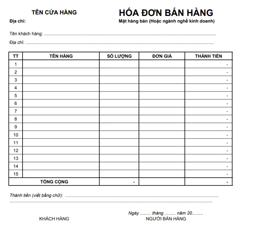 Mẫu hóa đơn bán hàng mới nhất 2024